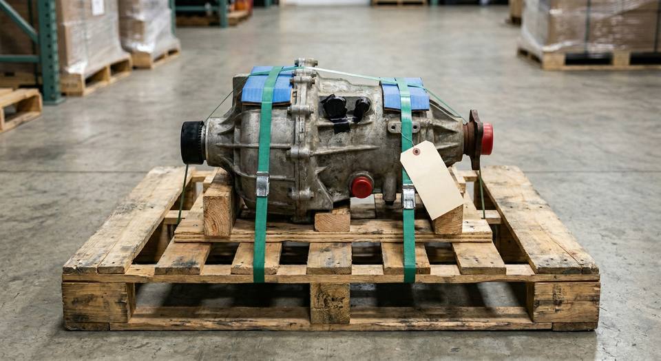 AWD transfer case secured on pallet for shipping
