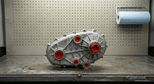 Clean transfer case on workbench ready for inspection