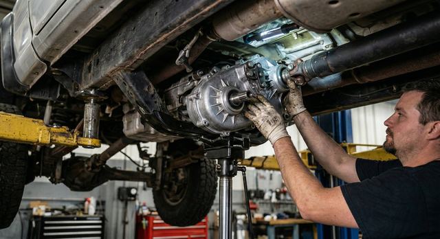 Transfer case being installed into vehicle undercarriage