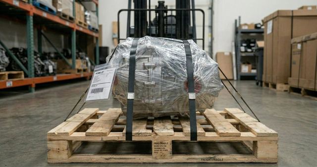 Transfer case palletized and strapped for insured freight shipping